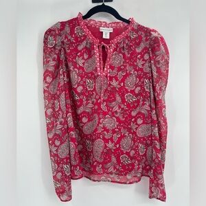 Cupcakes & Cashmere Blouse Paisley Top Red Puff Sleeve Tie Neck Blouse Sz Medium